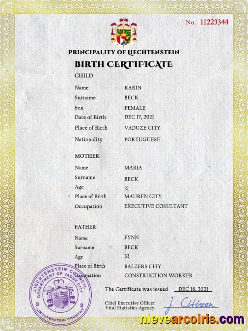 Liechtenstein vital record birth certificate
